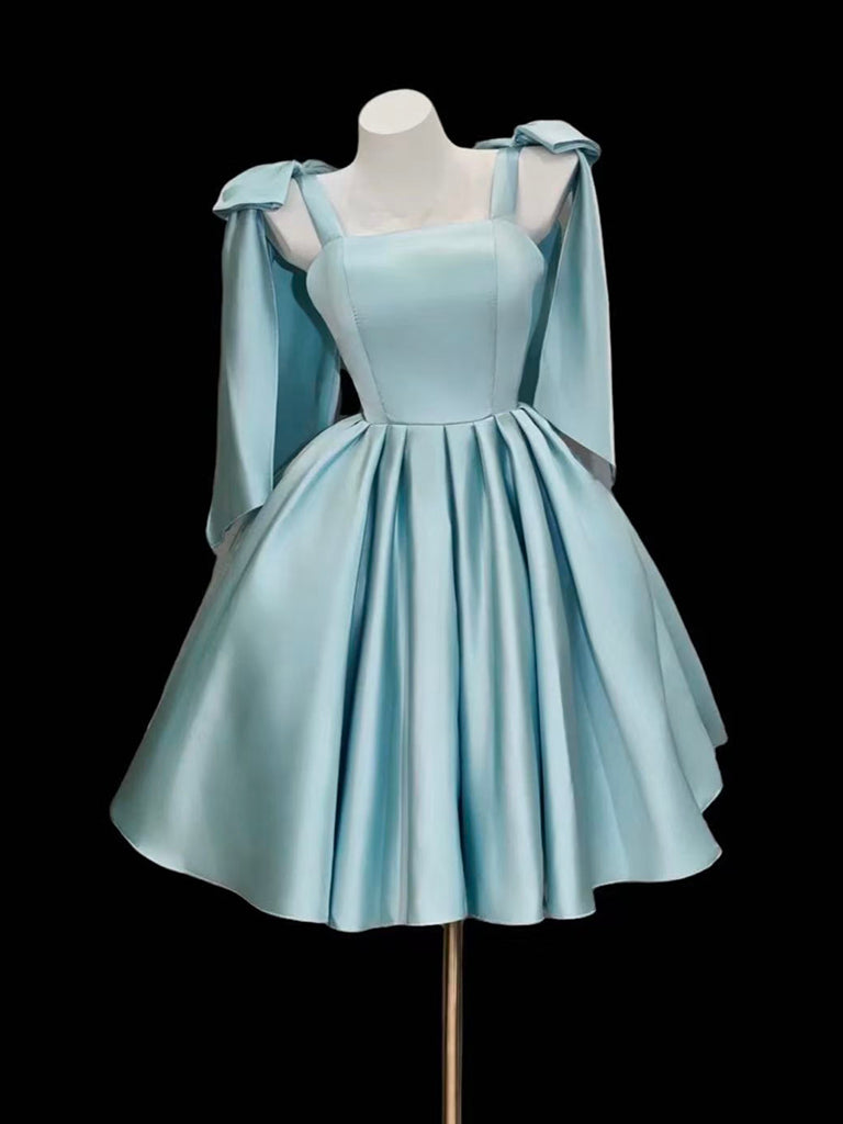 A-Line Satin Blue Short Prom Dresses With Bow Tie Main image