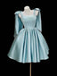 A-Line Satin Blue Short Prom Dresses With Bow Tie