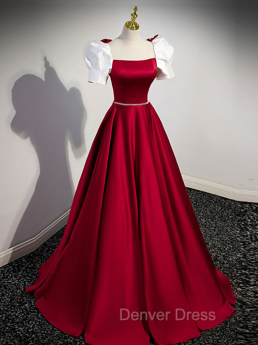 A-Line Satin Burgundy Long Prom Dresses, Puffy Sleeve Formal Evening Dresses Secondary image