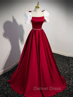 A-Line Satin Burgundy Long Prom Dresses, Puffy Sleeve Formal Evening Dresses