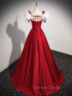 A-Line Satin Burgundy Long Prom Dresses, Puffy Sleeve Formal Evening Dresses