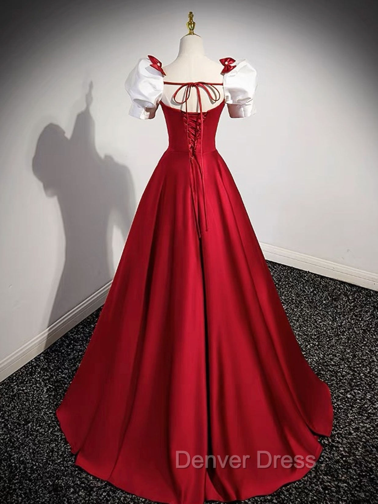 A-Line Satin Burgundy Long Prom Dresses, Puffy Sleeve Formal Evening Dresses