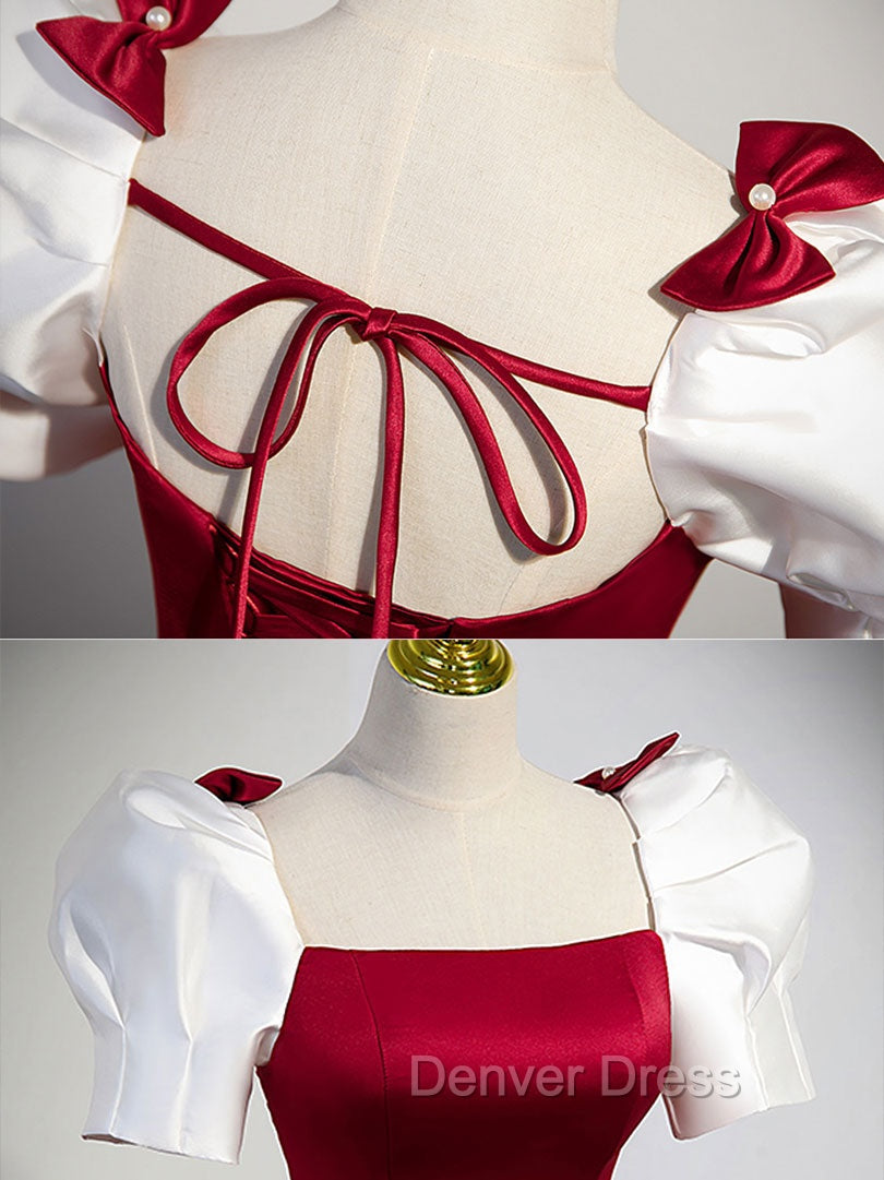 A-Line Satin Burgundy Long Prom Dresses, Puffy Sleeve Formal Evening Dresses