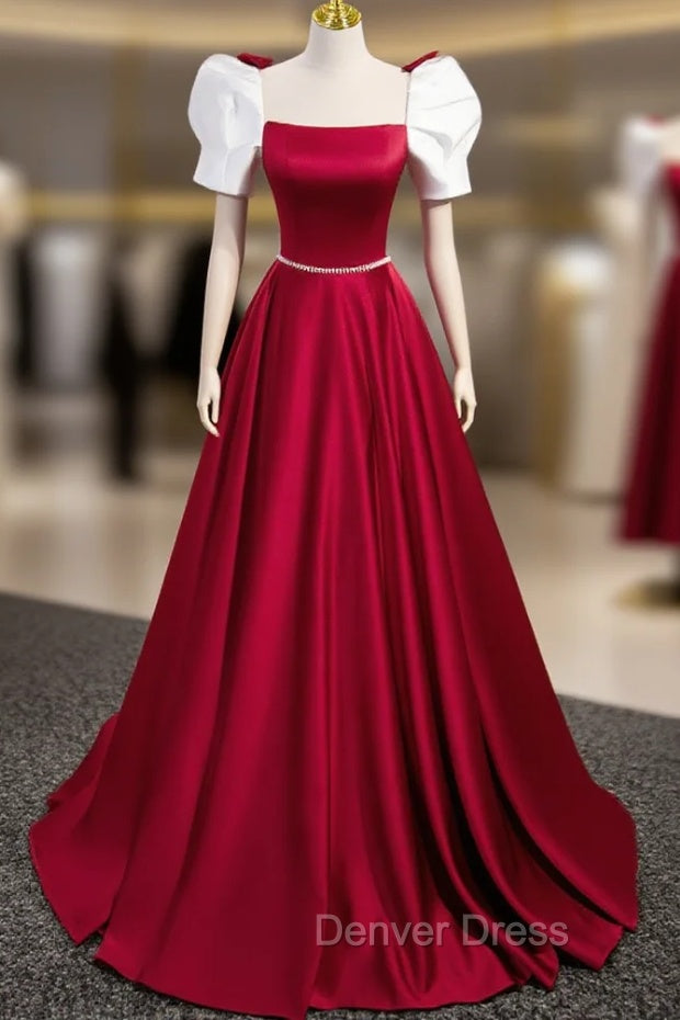 A-Line Satin Burgundy Long Prom Dresses, Puffy Sleeve Formal Evening Dresses