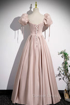 A-Line Satin Floor Length Pink Corset Prom Dresses, Off the Shoulder Evening Dresses