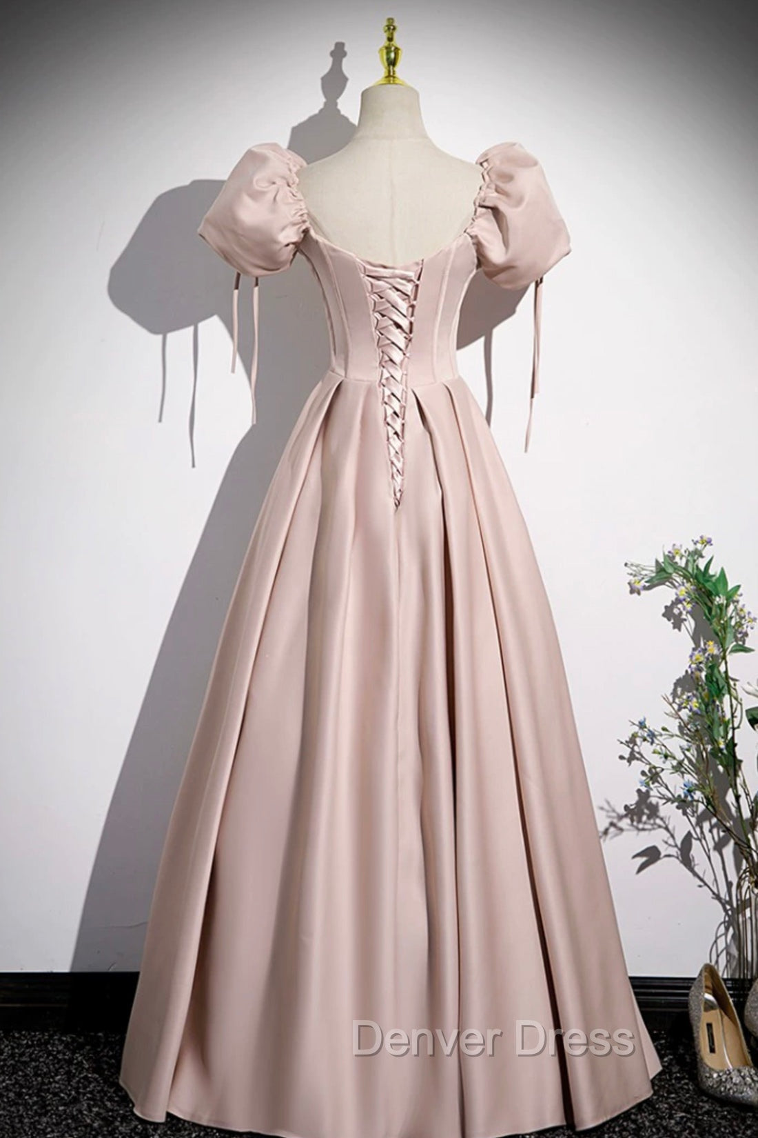 A Line Satin Floor Length Pink Corset Prom Dress, Off the Shoulder Prom Dresses
