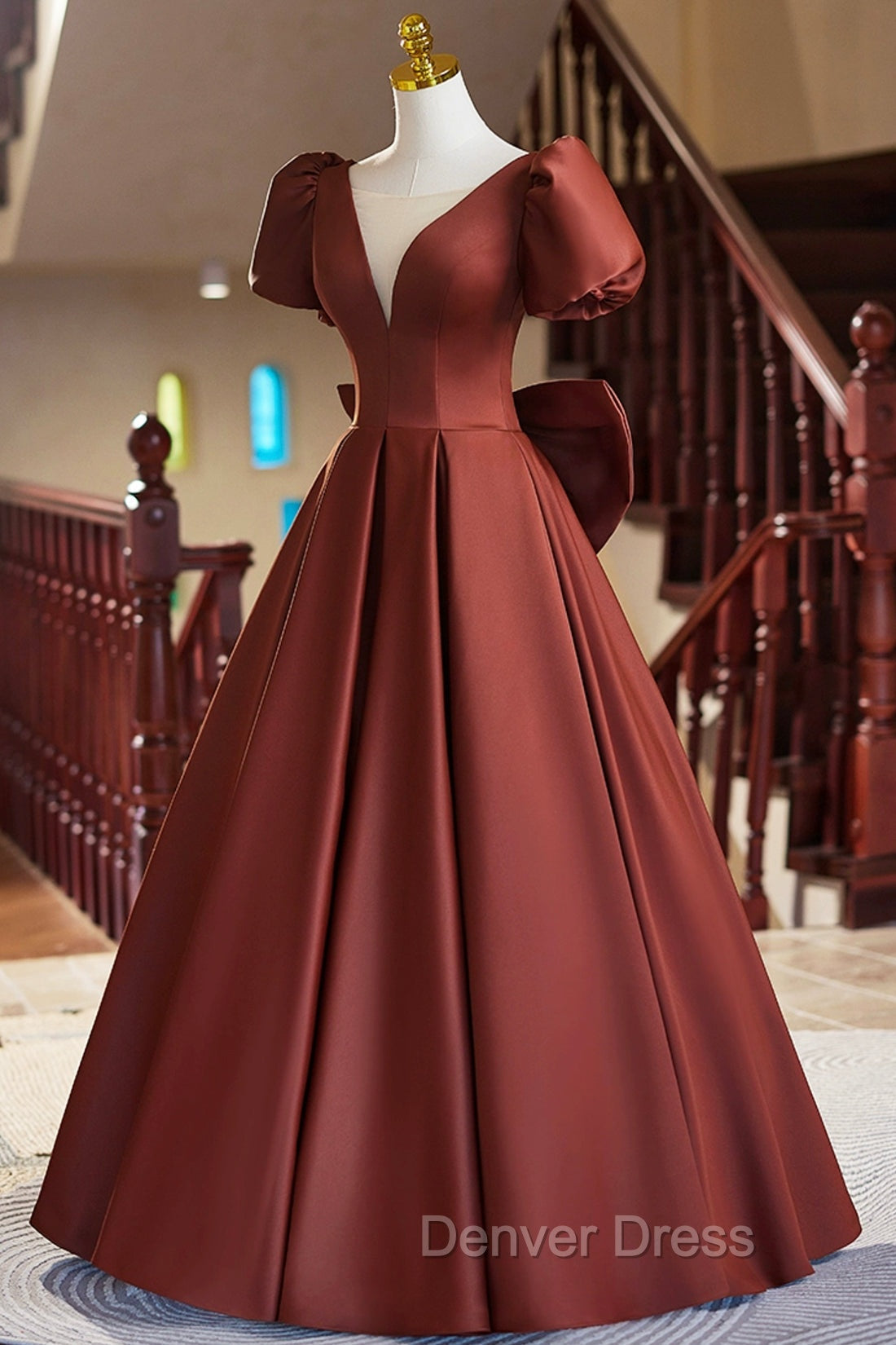 A Line Satin Floor Length Prom Dress, Elegant Short Sleeve Prom Dresses Secondary image