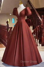 A Line Satin Floor Length Prom Dress, Elegant Short Sleeve Prom Dresses