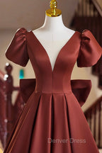 A-Line Satin Floor Length Prom Dresses, Elegant Short Sleeve Evening Party Dresses