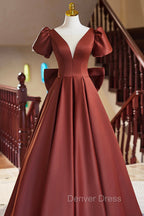 A-Line Satin Floor Length Prom Dresses, Elegant Short Sleeve Evening Party Dresses