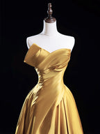 A-Line Satin Gold Long Prom Dresses, Gold Long Formal Dresses