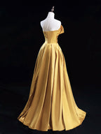 A-Line Satin Gold Long Prom Dresses, Gold Long Formal Dresses