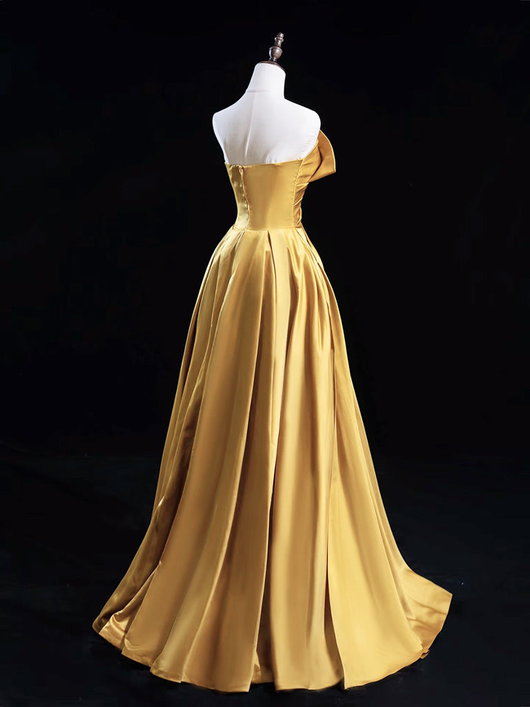 A-Line Satin Gold Long Prom Dresses, Gold Long Formal Dresses