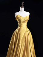 A-Line Satin Gold Long Prom Dresses, Gold Long Formal Dresses