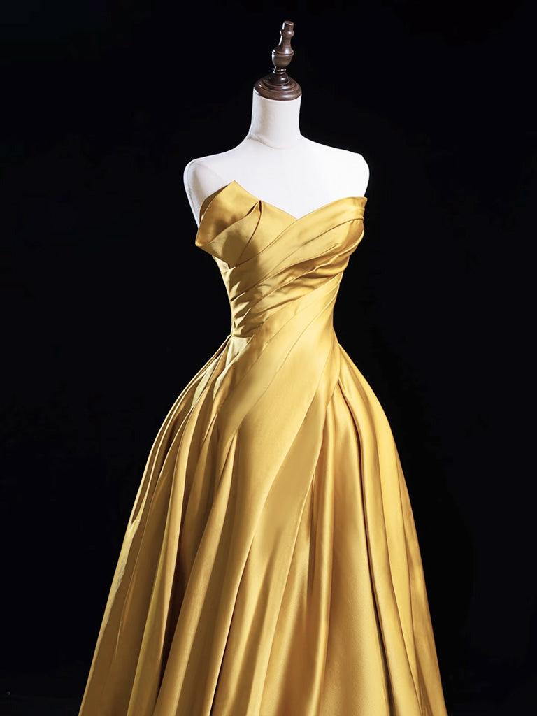 A-Line Satin Gold Long Prom Dresses, Gold Long Formal Dresses