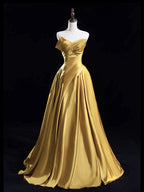 A-Line Satin Gold Long Prom Dresses, Gold Long Formal Dresses