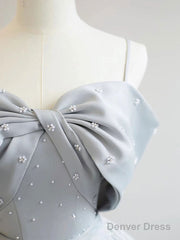 A-Line Satin Gray Long Prom Dresses, Gray Long Formal Dresses