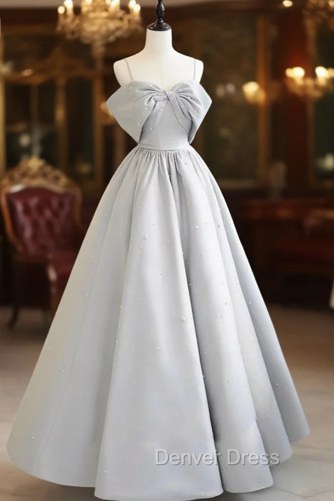 A-Line Satin Gray Long Prom Dresses, Gray Long Formal Dresses Main image