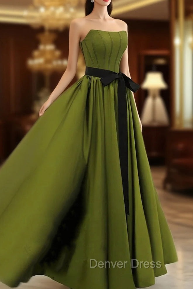 A-line Satin Green Long Party Dresses Formal Dresses, Green Long Evening Dresses Prom Dresses Main image