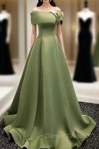 A-Line Satin Green Long Prom Dresses, Green Formal Dresses