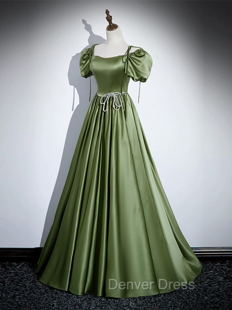 A-Line Satin Green Long Prom Dresses, Green Formal Evening Dresses Secondary image