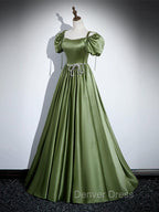 A-Line Satin Green Long Prom Dresses, Green Formal Evening Dresses