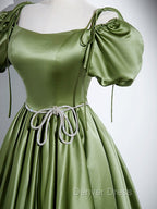 A-Line Satin Green Long Prom Dresses, Green Formal Evening Dresses