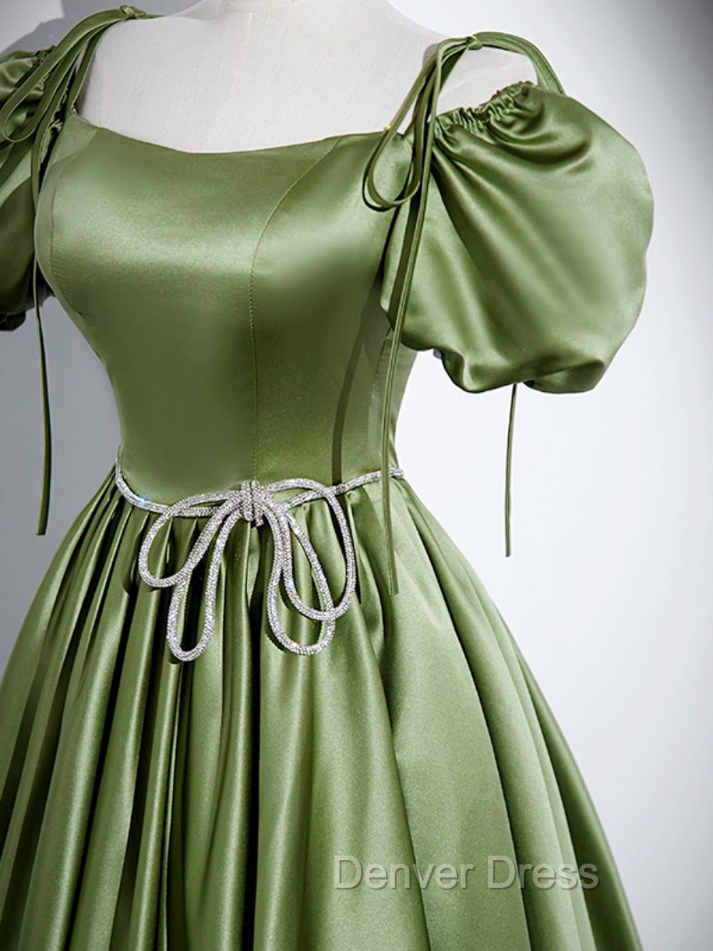 A-Line Satin Green Long Prom Dresses, Green Formal Evening Dresses