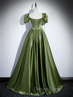 A-Line Satin Green Long Prom Dresses, Green Formal Evening Dresses