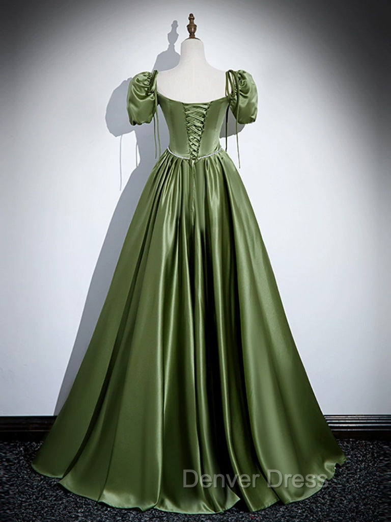 A-Line Satin Green Long Prom Dresses, Green Formal Evening Dresses