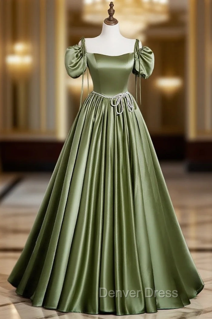 A-Line Satin Green Long Prom Dresses, Green Formal Evening Dresses Main image