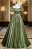 A-Line Satin Green Long Prom Dresses, Green Formal Evening Dresses