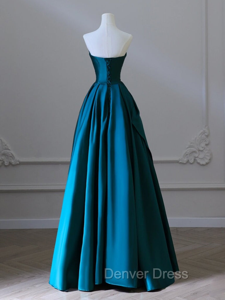 A-Line Satin Green Long Prom Dresses, Green Satin Long Formal Dresses