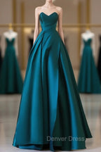A-Line Satin Green Long Prom Dresses, Green Satin Long Formal Dresses