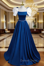 A-Line Satin Green Long Prom Dresses, Green A-Line Formal Dresses