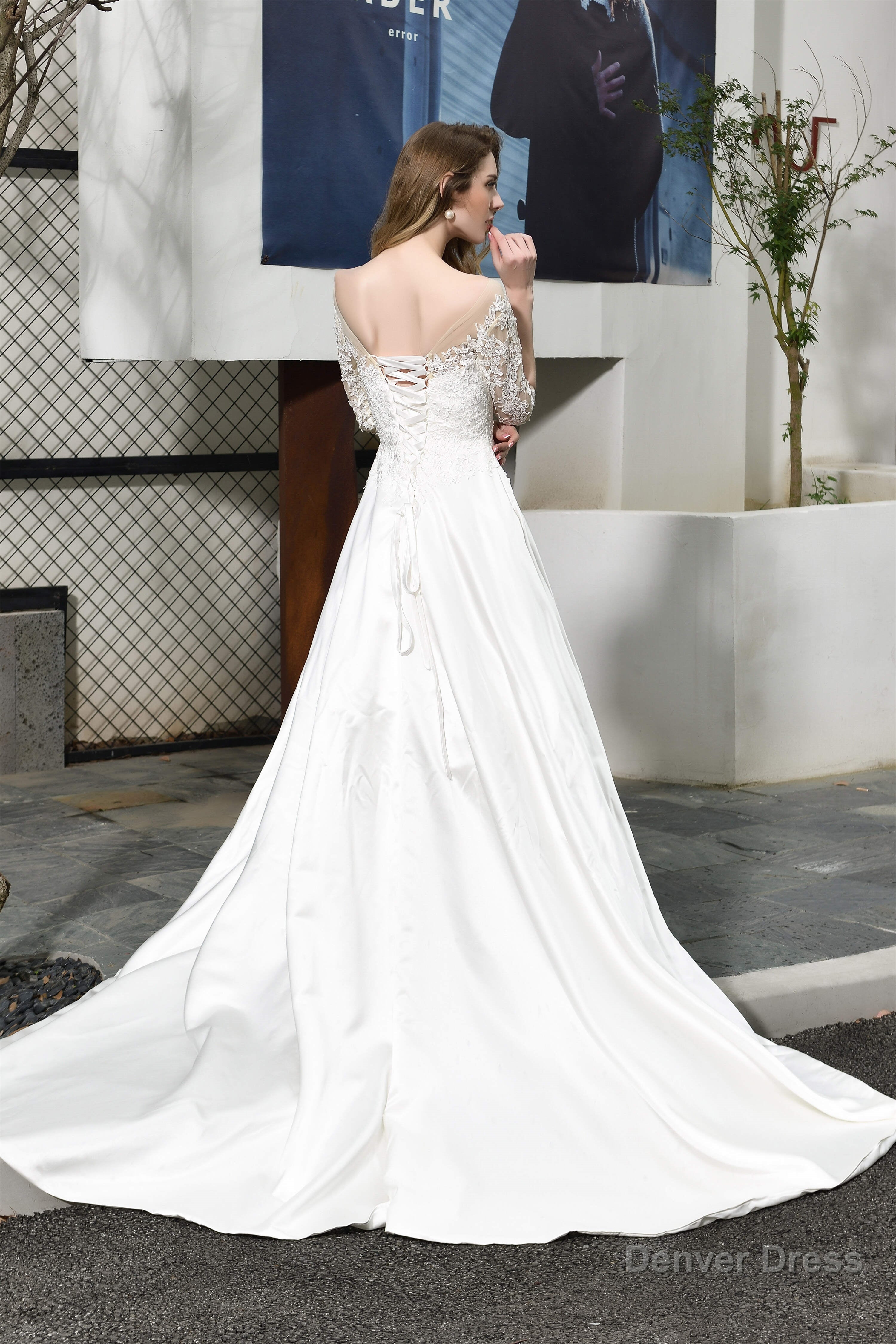 A Line Satin Lace 3 4 Sleeves Ankle Length Wedding Dresses