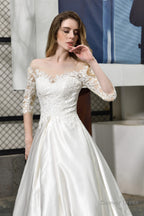 A Line Satin Lace 3 4 Sleeves Ankle Length Wedding Dresses