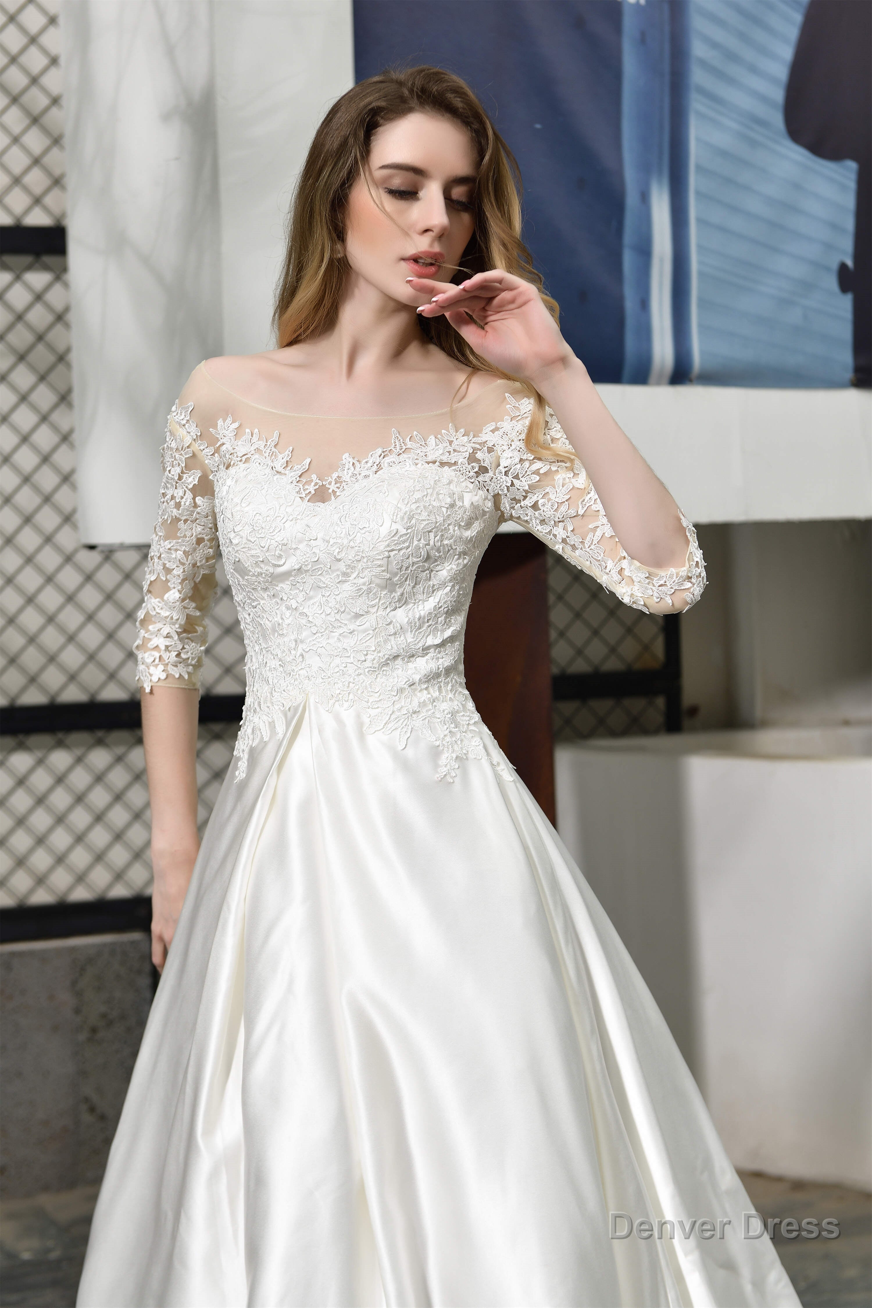 A Line Satin Lace 3 4 Sleeves Ankle Length Wedding Dresses