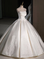 A Line Satin Lace ivory Long Wedding Dress, Lace Weeding Prom Dresses