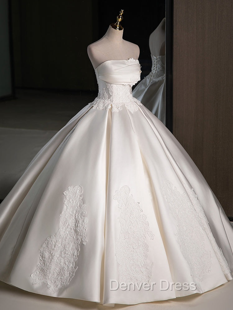 A Line Satin Lace ivory Long Wedding Dress, Lace Weeding Prom Dresses
