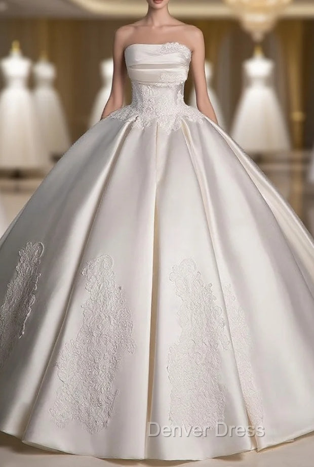 A-Line Satin Lace  ivory Long Wedding Dresses, Lace Weeding Party Dresses Main image