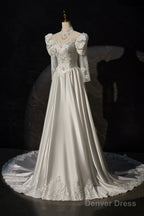 A-Line Satin Lace Long Sleeve Prom Dress, Elegant White High Neck Evening Prom Dress