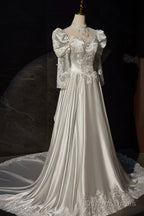A-Line Satin Lace Long Sleeve Prom Dress, Elegant White High Neck Evening Prom Dress