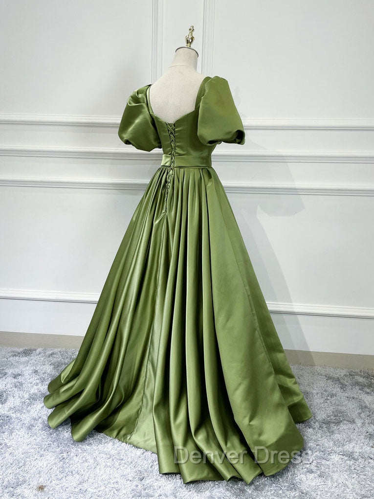 A Line Satin Long Green Prom Dress, Green Prom Graduation Dresses