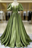 A line Satin Long Green Prom Dresses, Green Formal Evening Graduation Dresses