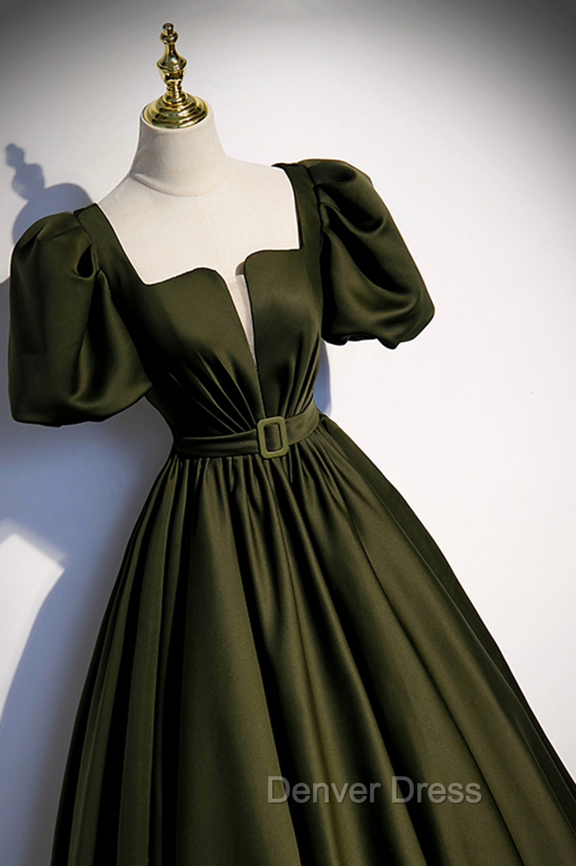 A-Line Satin Long Prom Dresses, Dark Green Short Sleeve Evening Graduation Dresses Secondary image