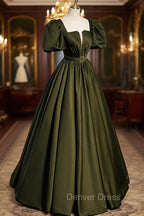 A-Line Satin Long Prom Dresses, Dark Green Short Sleeve Evening Graduation Dresses