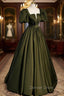 A-Line Satin Long Prom Dresses, Dark Green Short Sleeve Evening Graduation Dresses