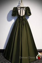 A-Line Satin Long Prom Dresses, Dark Green Short Sleeve Evening Graduation Dresses