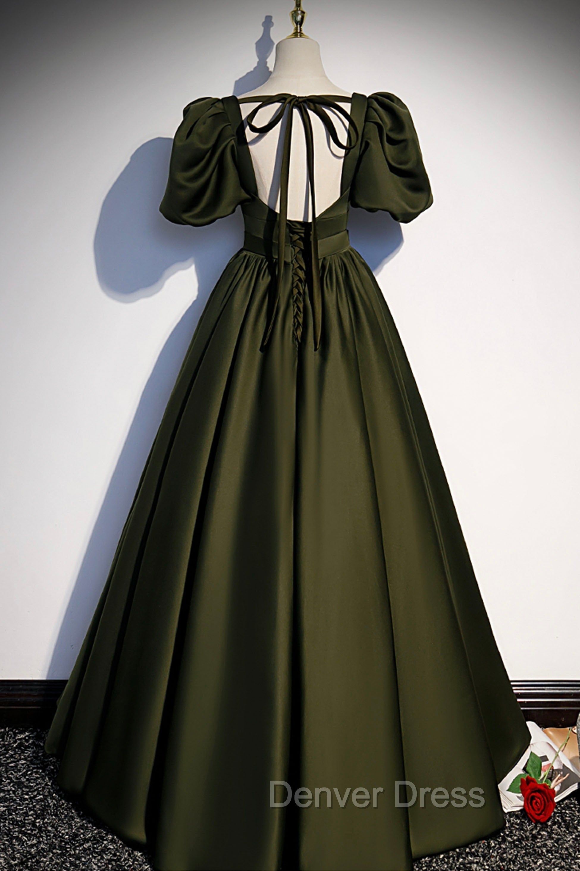 A-Line Satin Long Prom Dresses, Dark Green Short Sleeve Evening Graduation Dresses